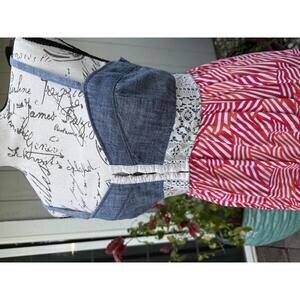 Vintage 00s Y2K Floral Lace Denim Corset Hook Sundress 4th July USA Vibes M